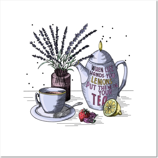 Herbal tea set. Tea cup, teapot with text and lavender in a vase. Wall Art by Sitenkova